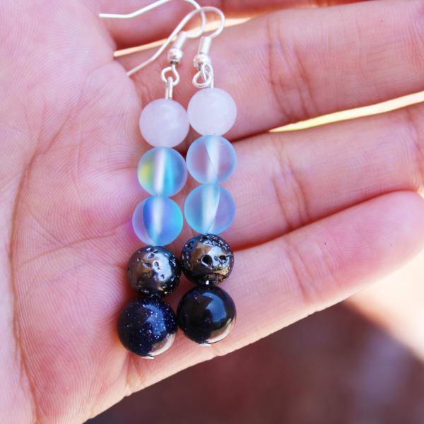 Blue Mystic Aura Quartz, Goldstone, Silver Lava Rock, White Agate for Women Boho Dangle Drop Handmade Gemstone Earrings in US for Meditation