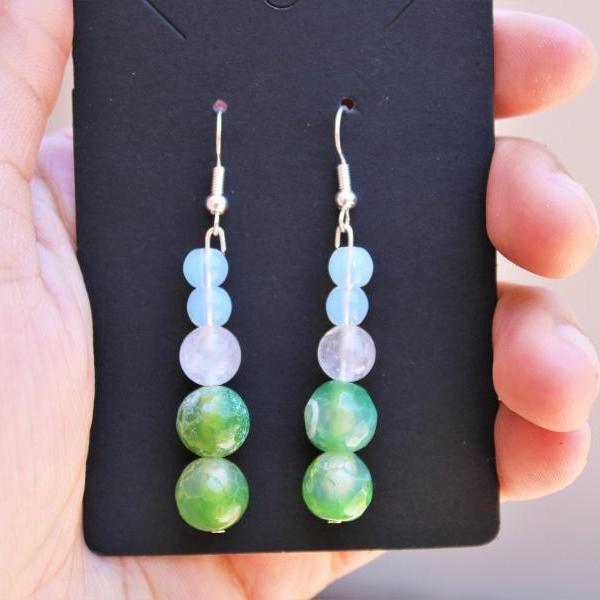 Green Fire Agate, White Agate, Sea Opal Boho Dangle Gemstone Drop Earrings for Women for Healing Handmade Earrings made in the US Green