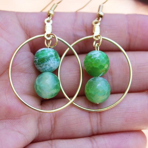 Green, Gold Green Fire Agate Boho Hoop Earrings for Women for Metaphysical Healing Green Handmade Gemstone Earrings Made in US for Healing